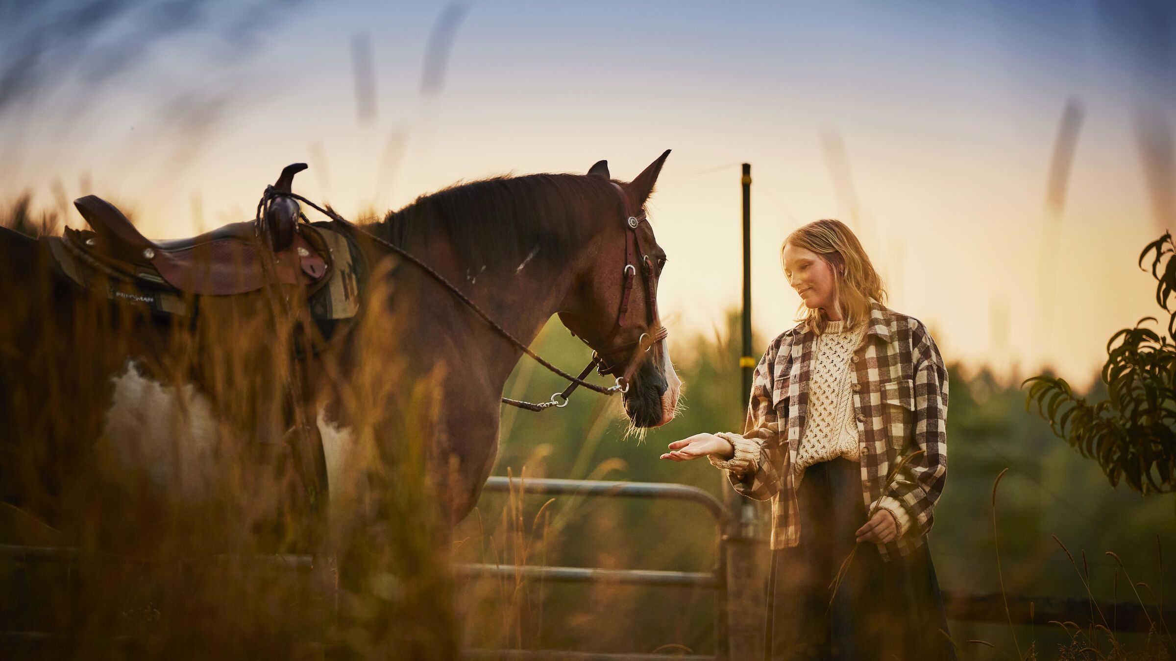 Woman feeding a saddled horse at golden hour, commercial photography by Rory Scranton.