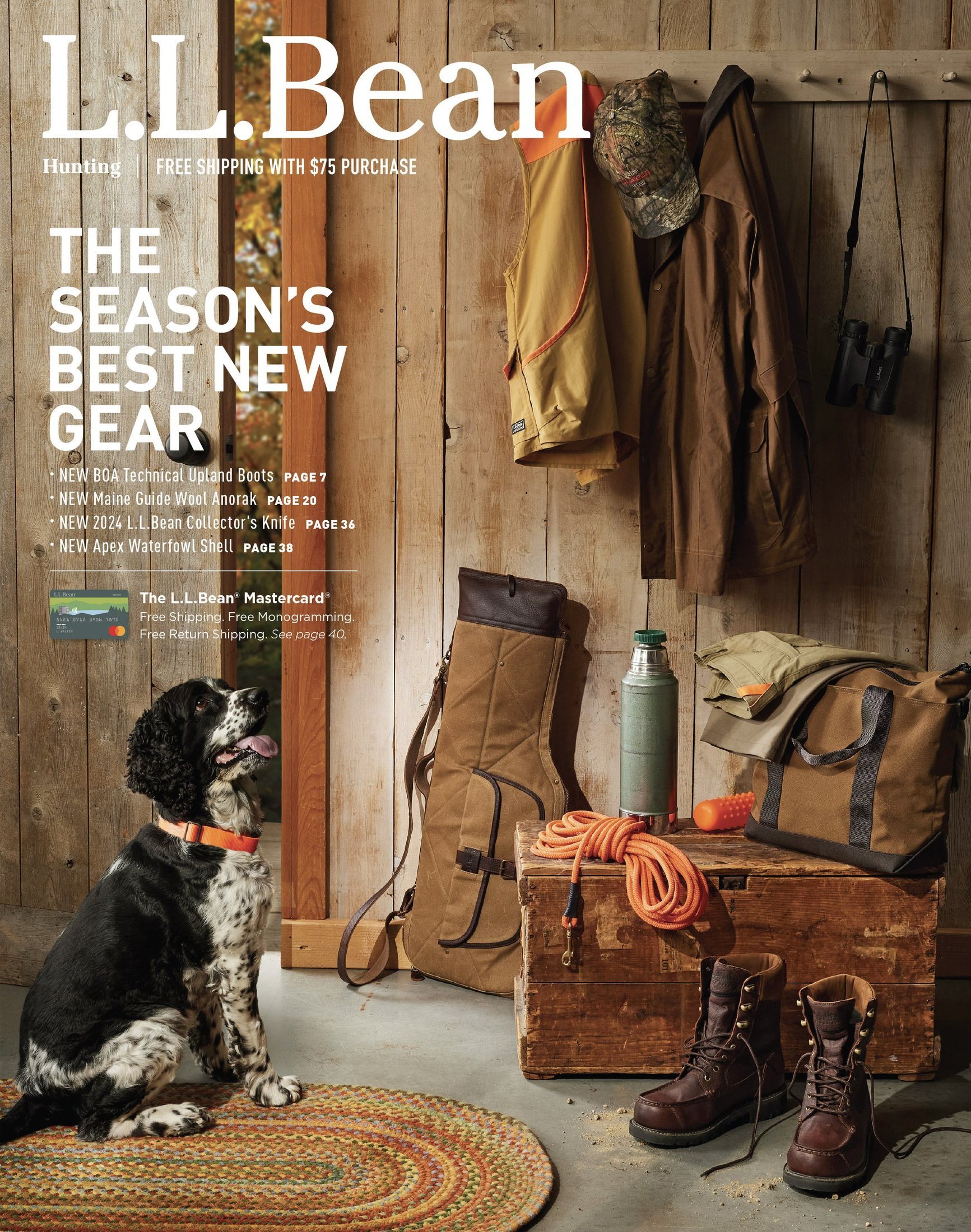 L.L.Bean Hunting catalog cover, 'The Season's Best New Gear,' featuring a bird dog and autumn hunting gear laid out in a barn doorway.