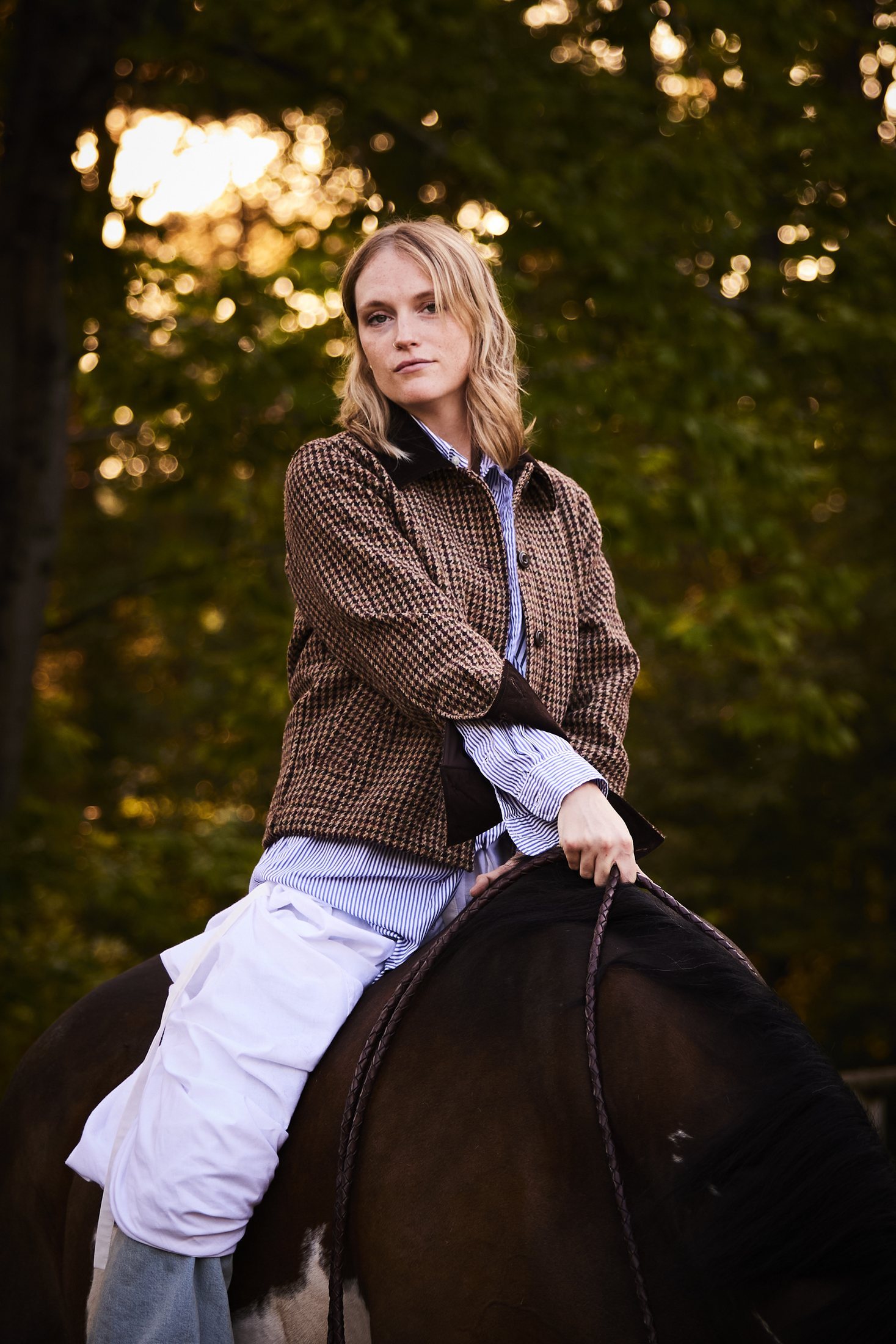 Portrait of a rider on horseback, backlit by golden hour light in the woods, equestrian lifestyle photography by Rory Scranton for the Norumbega Farm project.